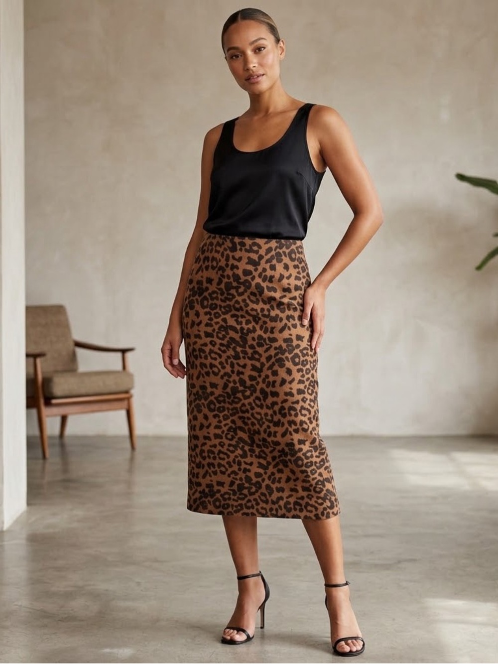 Eric brown and black animal leopard print midi skirt size large
